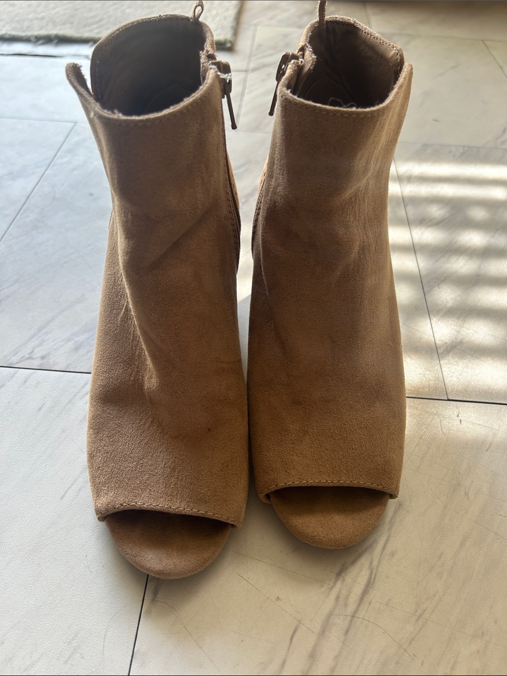Old Navy Tan Suede Peep-Toe Ankle Booties